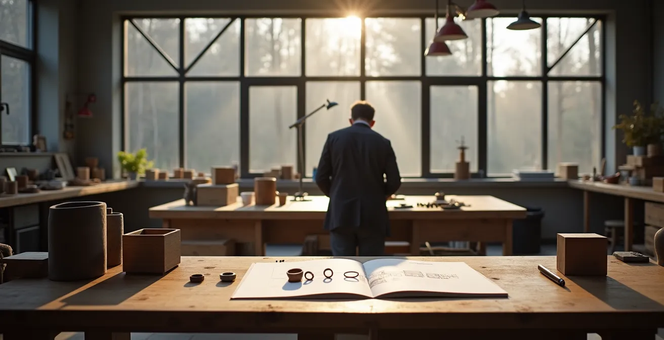 Weitwinkelaufnahme einer deutschen Goldschmiedewerkstatt mit modernen Designelementen