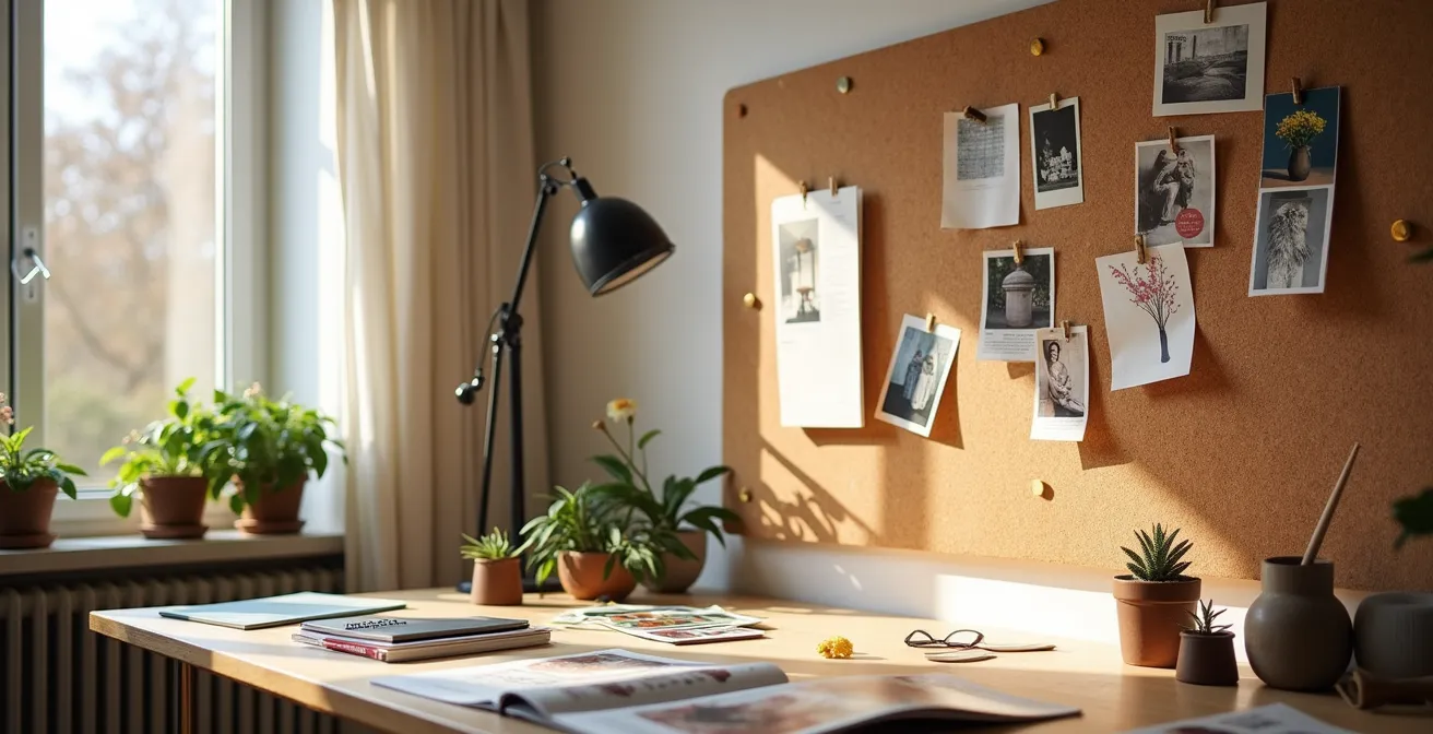 Arbeitsplatz mit physischem Moodboard aus verschiedenen Materialien und Inspirationsquellen