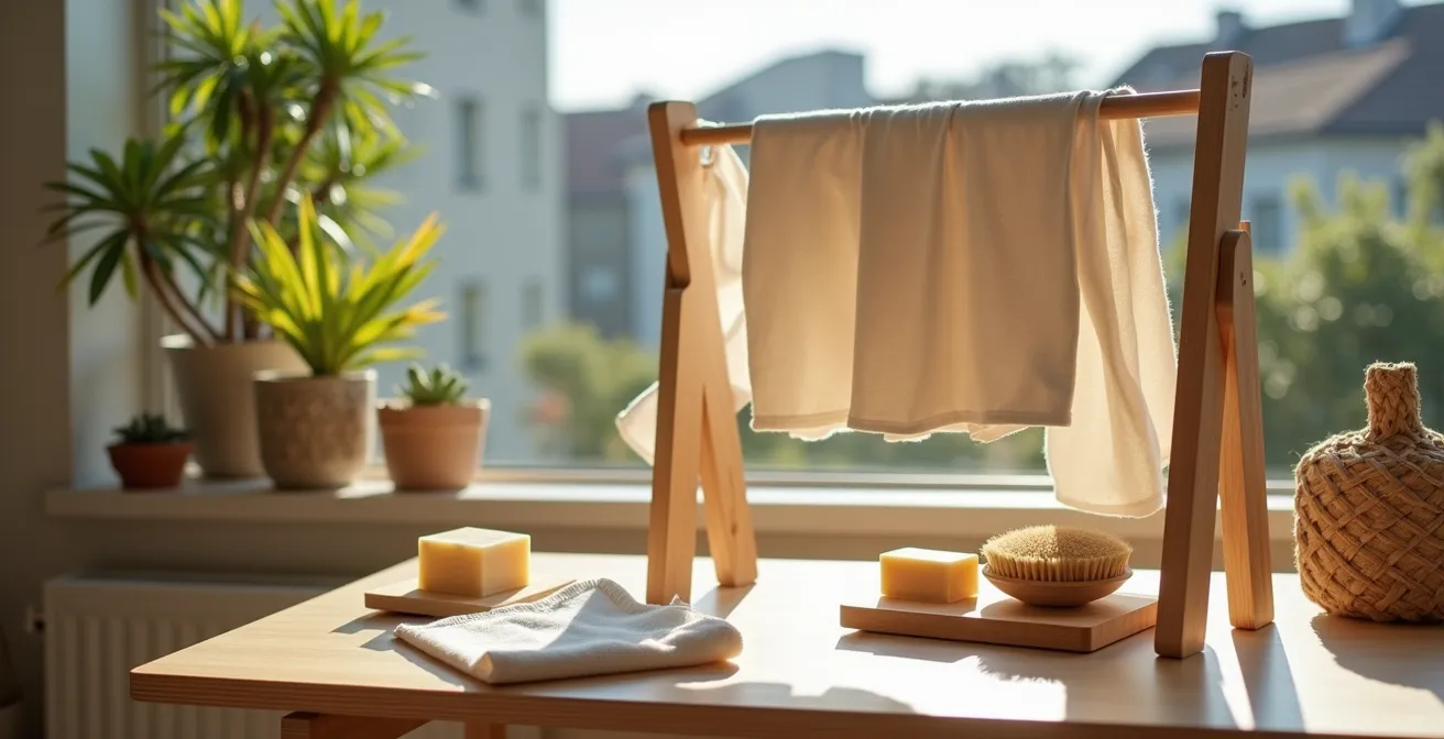 Minimalistische Darstellung von Kleiderpflege mit natürlichen Mitteln