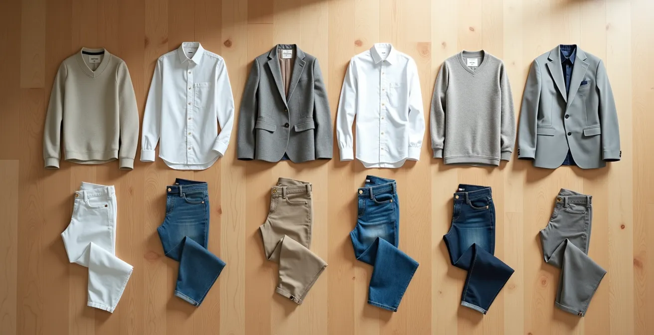 Verschiedene Outfit-Kombinationen aus wenigen Basisteilen auf einem Holzboden arrangiert