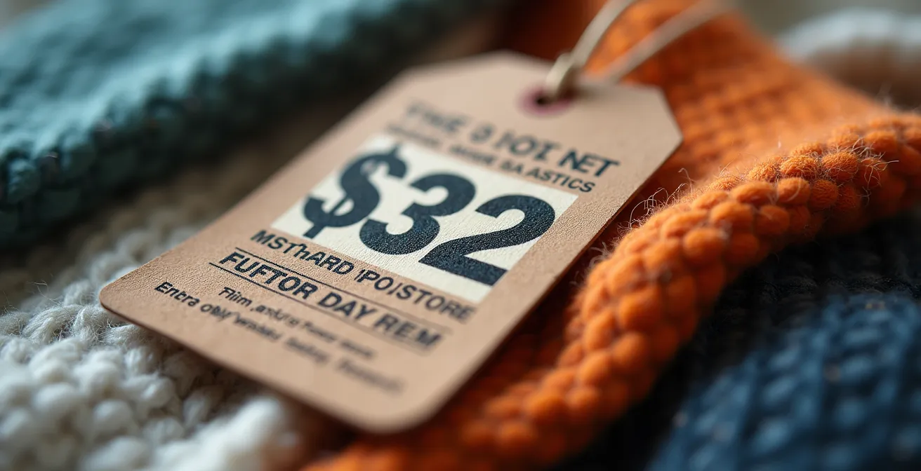 Verschiedene Preisetiketten und Kleidungsstücke auf einem Verkaufstisch