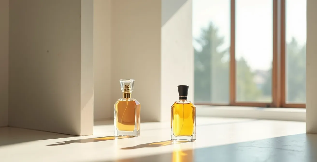 Mehrere stilvolle, minimalistische Parfumflakons auf einer klaren Oberfläche vor einem dezenten, architektonischen Hintergrund.