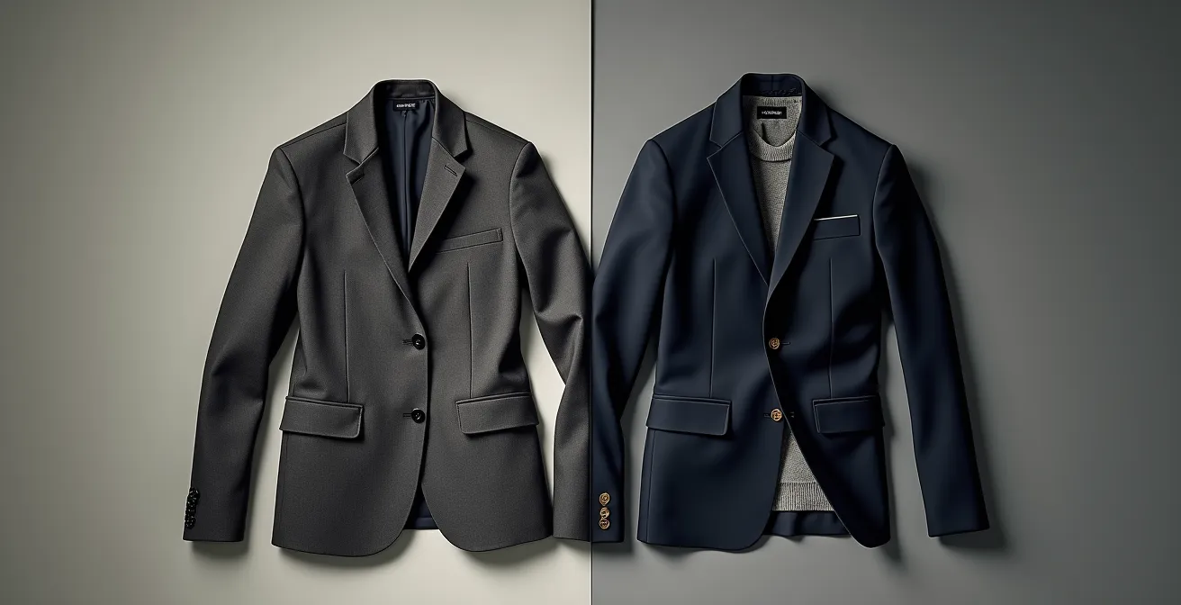 Vergleich von richtigem und falschem Styling mit Performance-Materialien im Bürokontext