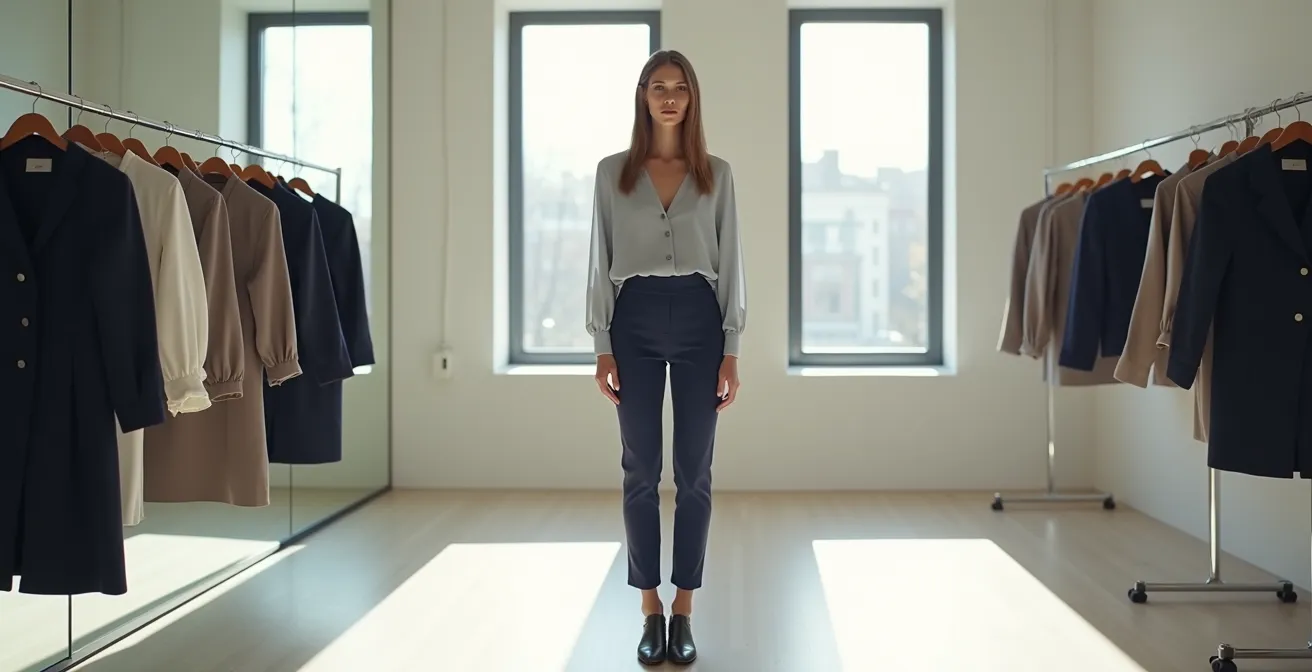 Kleine Frau in perfekt sitzender Petite-Mode mit High-Waist-Hose und V-Ausschnitt-Oberteil