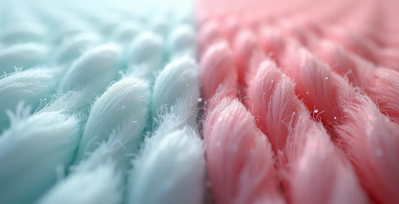 Makroaufnahme von recycelten und neuen Polyesterfasern im Vergleich