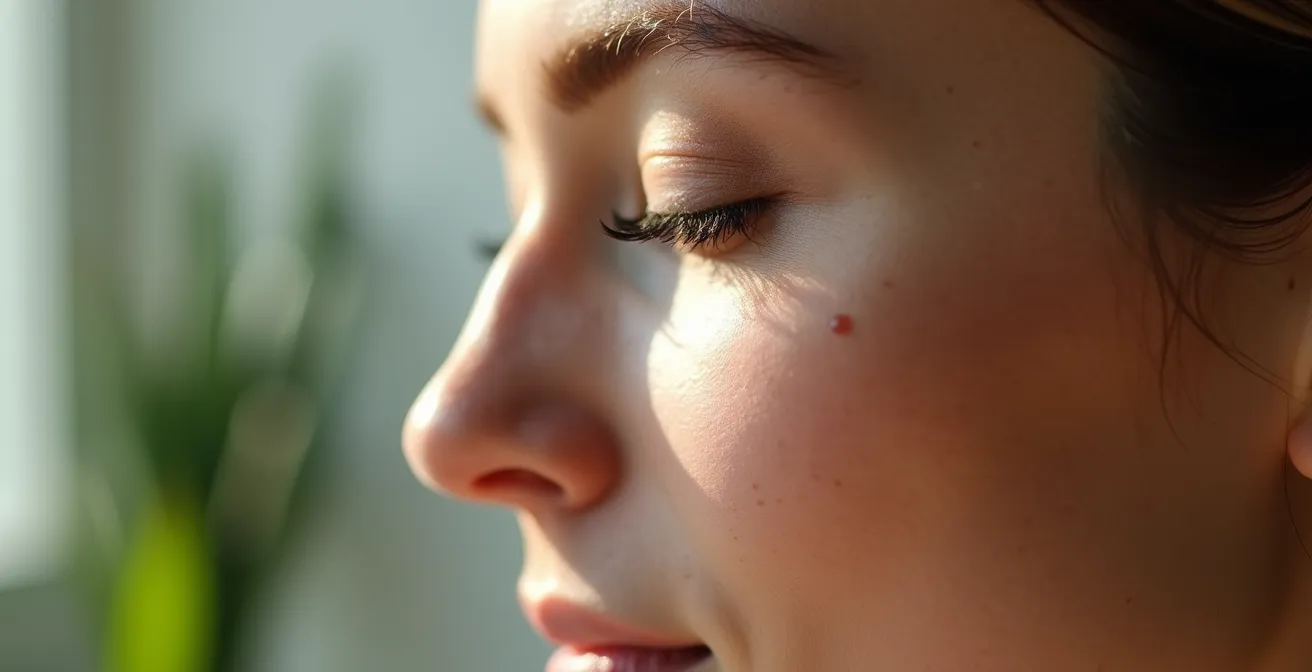 Nahaufnahme einer ruhigen Gesichtshälfte während Meditation mit sichtbarer Hauterneuerung