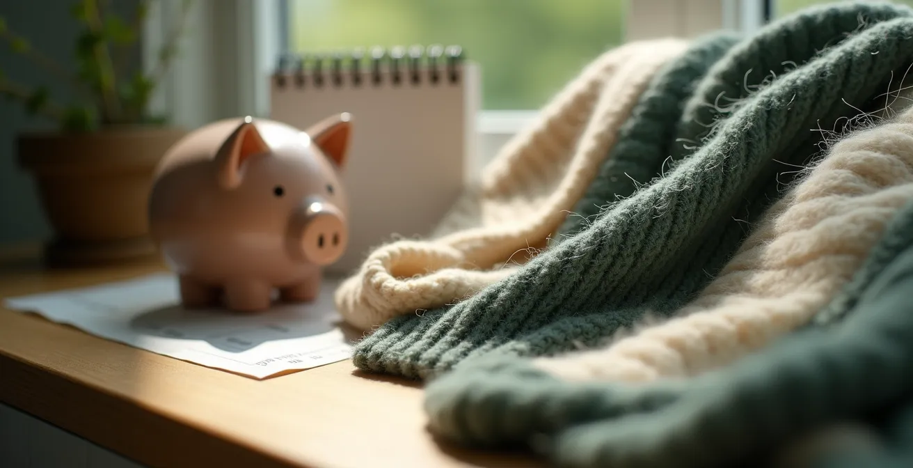 Stilvolle Komposition aus hochwertigem Pullover neben Sparschwein und Kalender