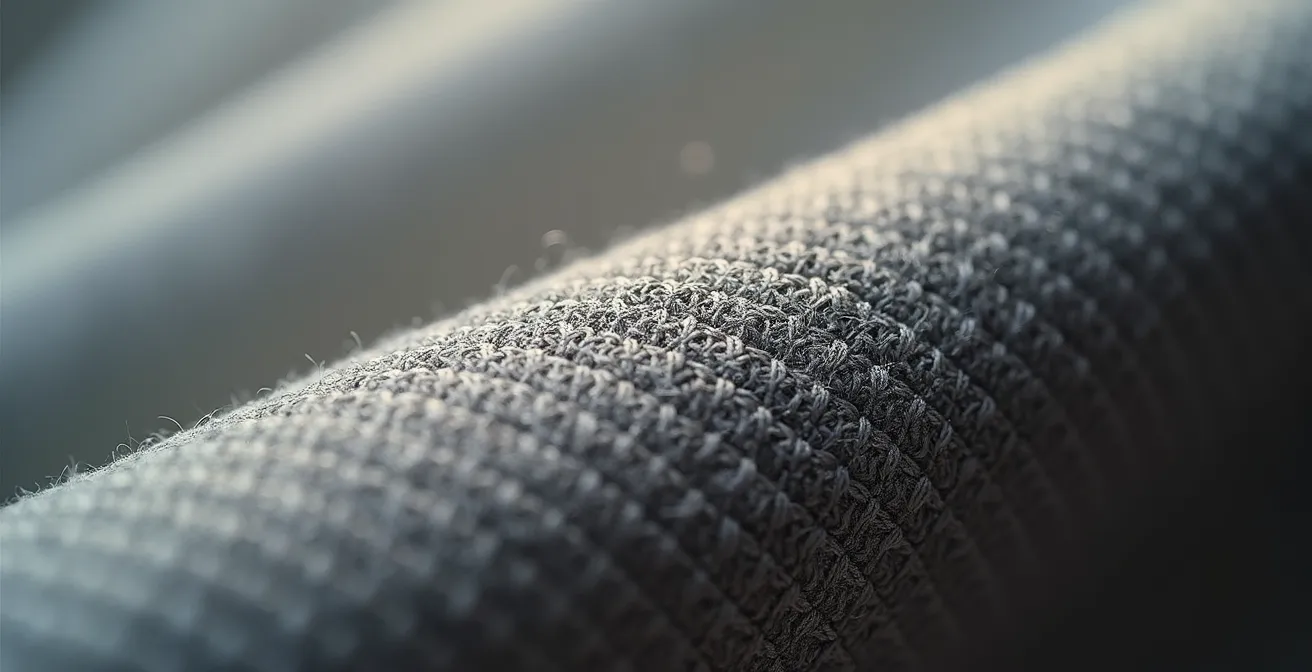 Detailaufnahme von hochwertigen Nähten und Stoffstrukturen eines Kleidungsstücks.