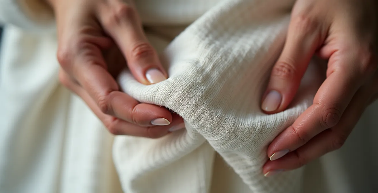 Makroaufnahme, die die hohe Qualität von dichten Nähten und Stoff eines Kleidungsstücks zeigt