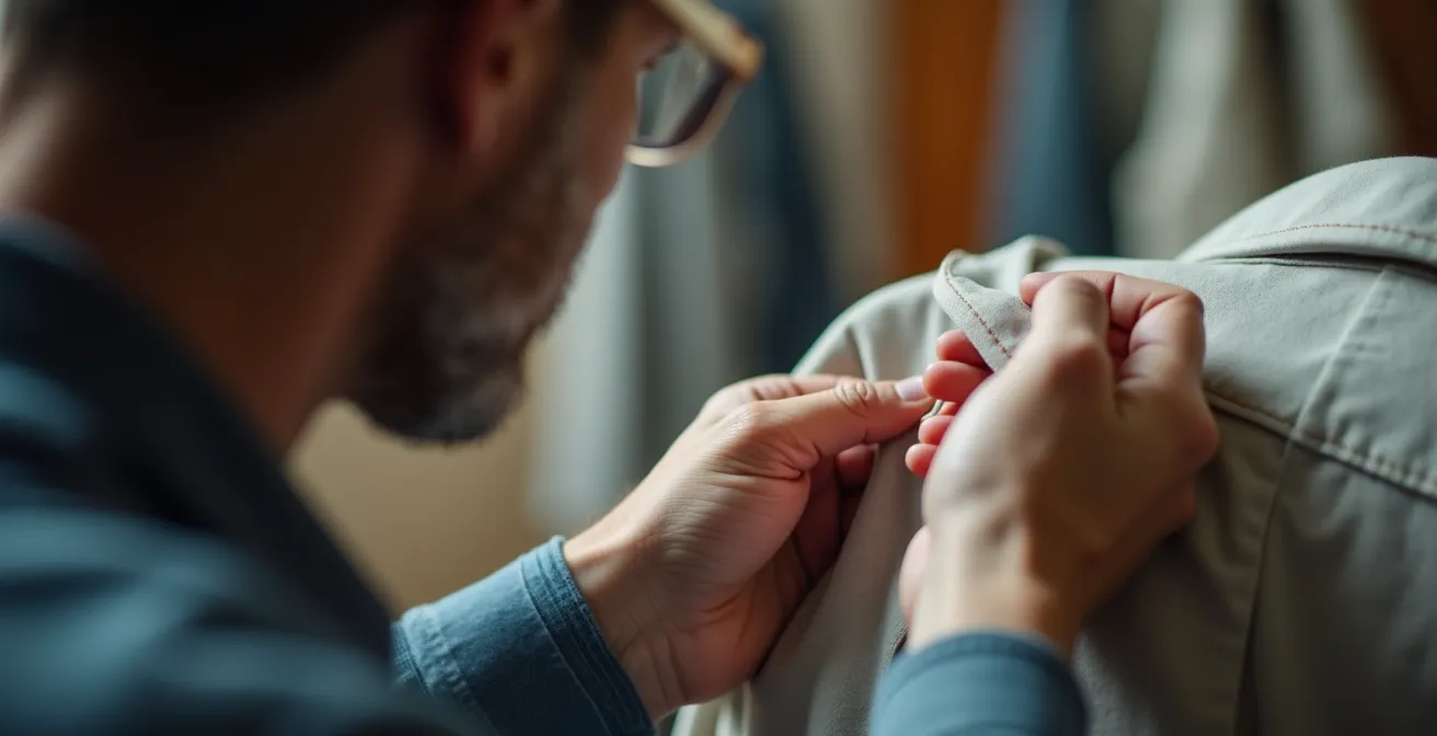 Nahaufnahme von Händen, die die Nahtqualität eines hochwertigen Wollmantels prüfen