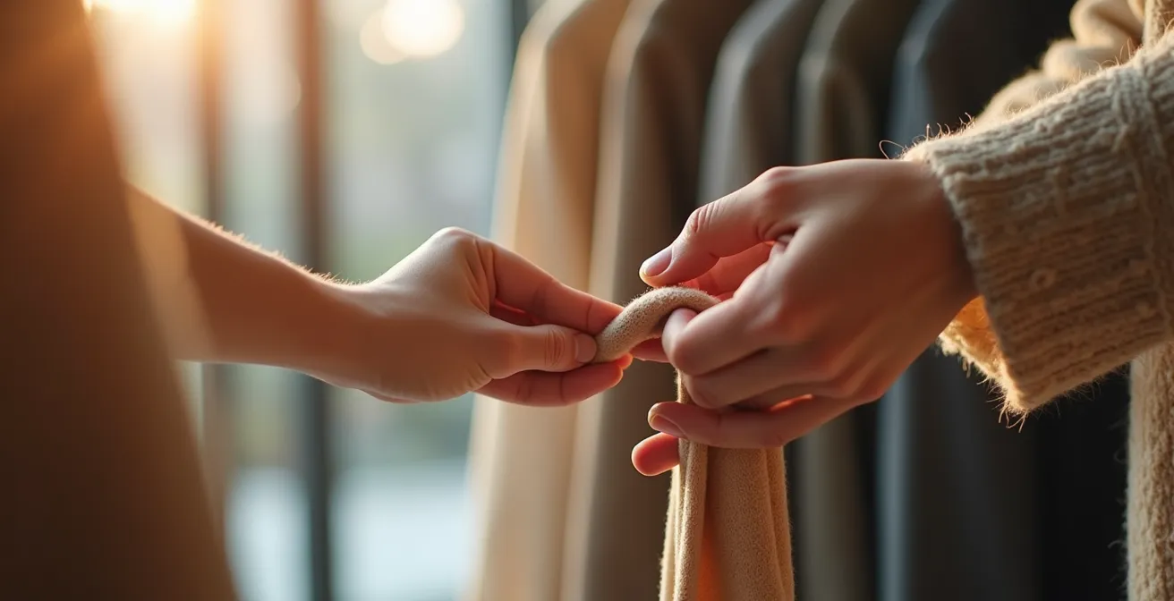 Nahaufnahme einer Hand, die Stoffqualität durch Dehnen testet