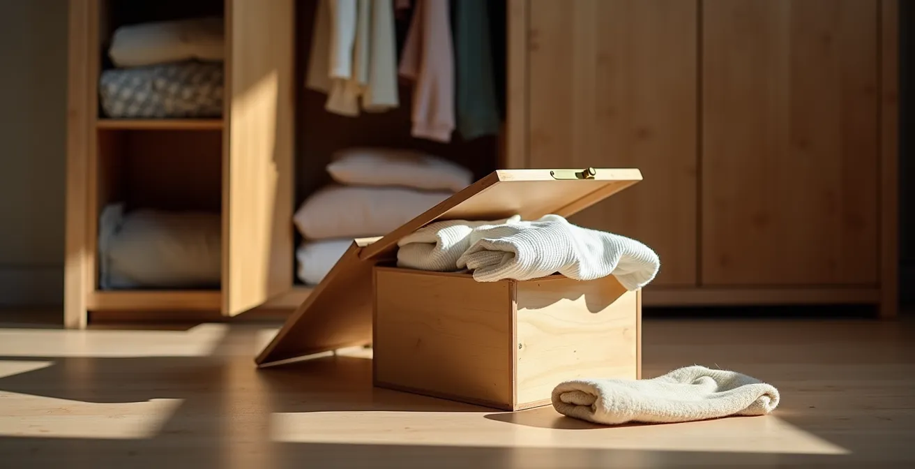 Ordentlich gefaltete Kleidung in einer Holzkiste bereit für die Quarantäne-Methode