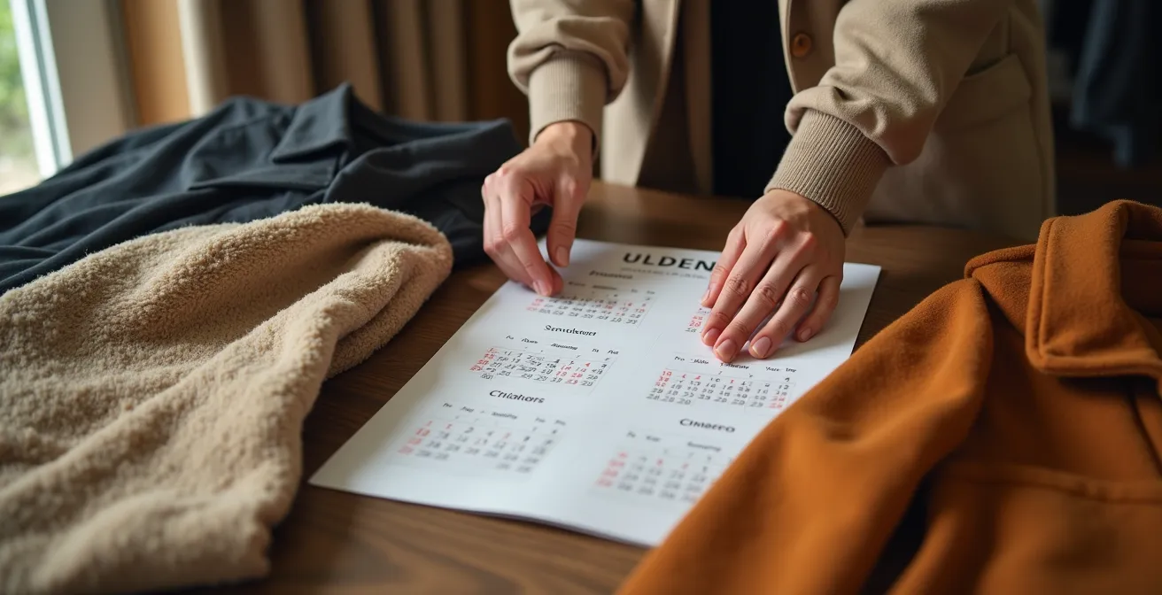 Jahreszeiten-Kalender mit Kleidungsstücken und Rabattsymbolen