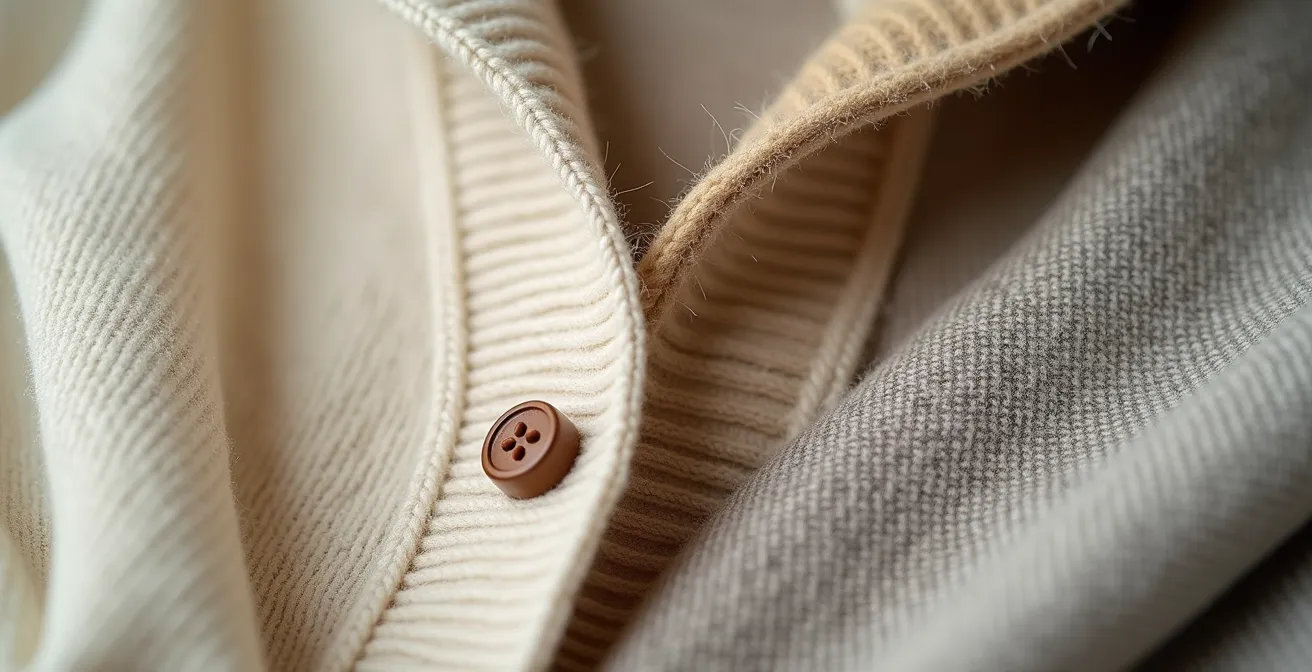 Nahaufnahme von geschichteter Reisekleidung mit verschiedenen Texturen