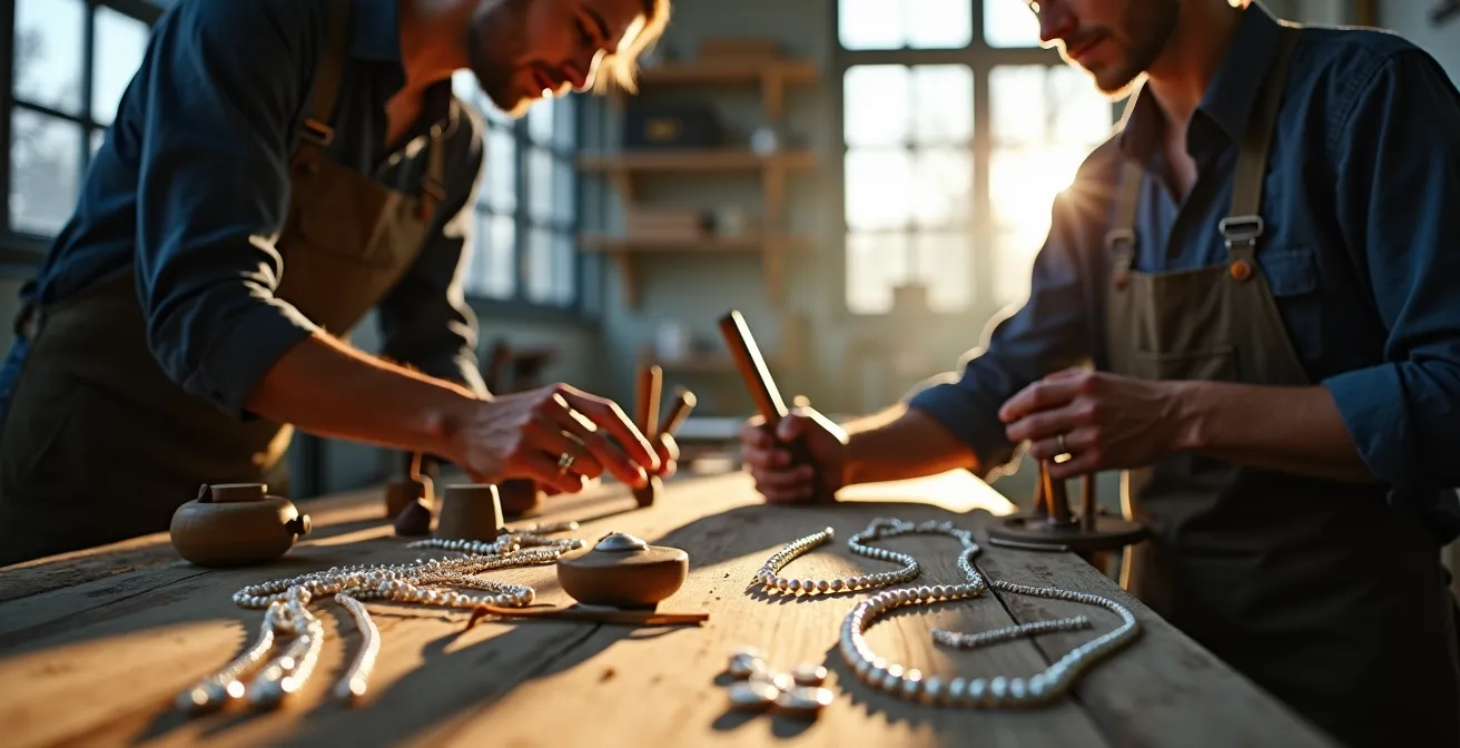 Moderne Schmuckwerkstatt in Pforzheim mit handwerklichen Werkzeugen und Edelmetallen