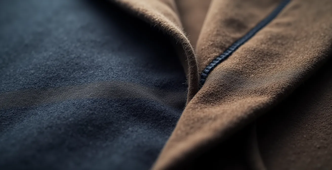 Makroaufnahme von Stoff mit präzisen geometrischen Nähten, die die optische Wirkung von Schnittlinien auf Proportionen illustrieren.