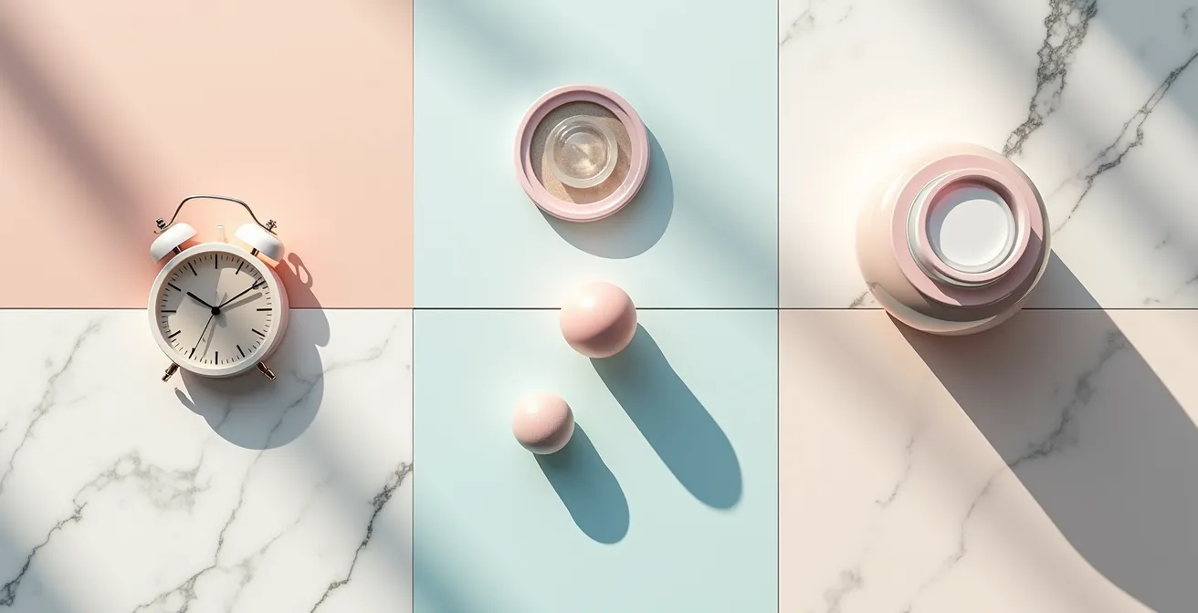 Vierteilige visuelle Anleitung zeigt Prozess der harmonischen Abstimmung von Make-up und Frisur