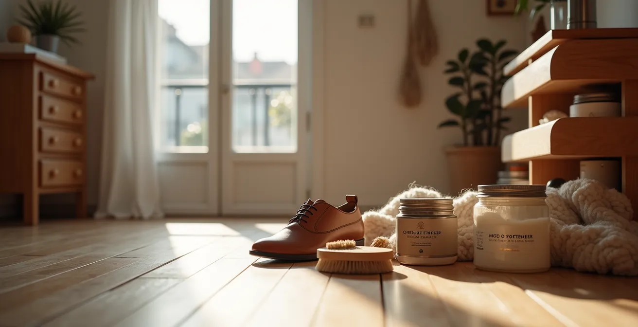 Verschiedene Schuhpflegematerialien und Einlaufhilfen arrangiert