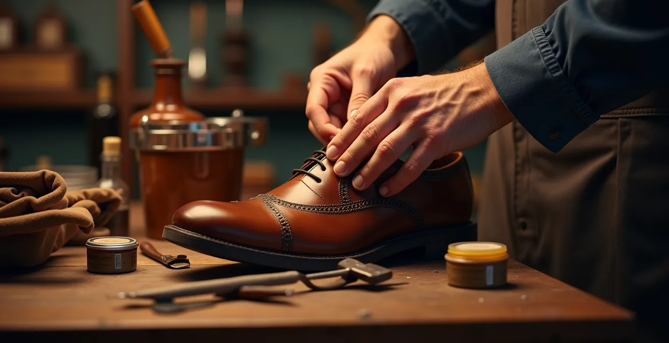 Traditionelle deutsche Schuhpflege-Werkzeuge und -Materialien