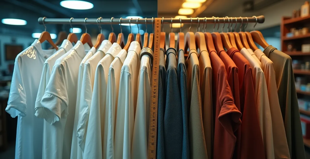 Visueller Vergleich, der den ökologischen Vorteil von Second-Hand-Kleidung gegenüber neu gekaufter Kleidung darstellt.