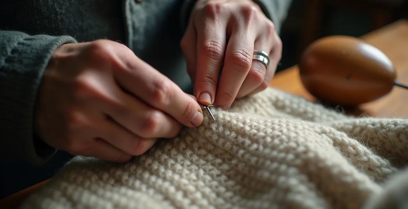 Detailaufnahme von Händen beim achtsamen Reparieren eines hochwertigen Kleidungsstücks