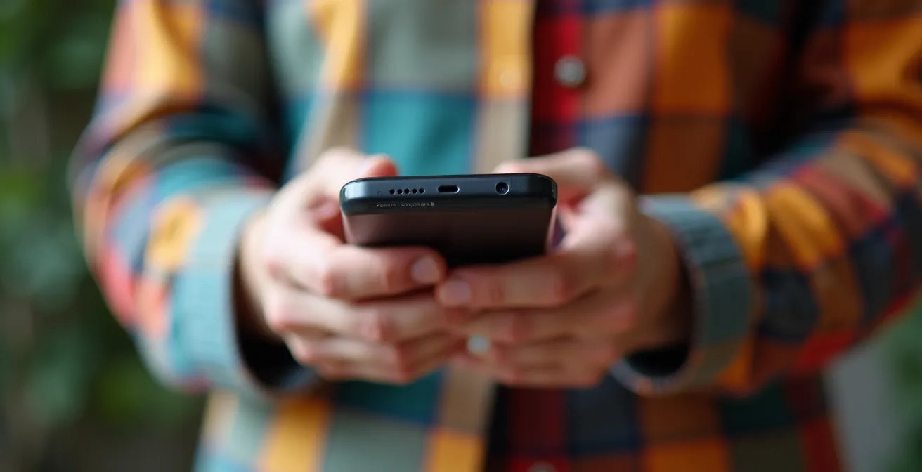 Hände halten Smartphone von hinten, unscharfer Kleiderschrank im Hintergrund