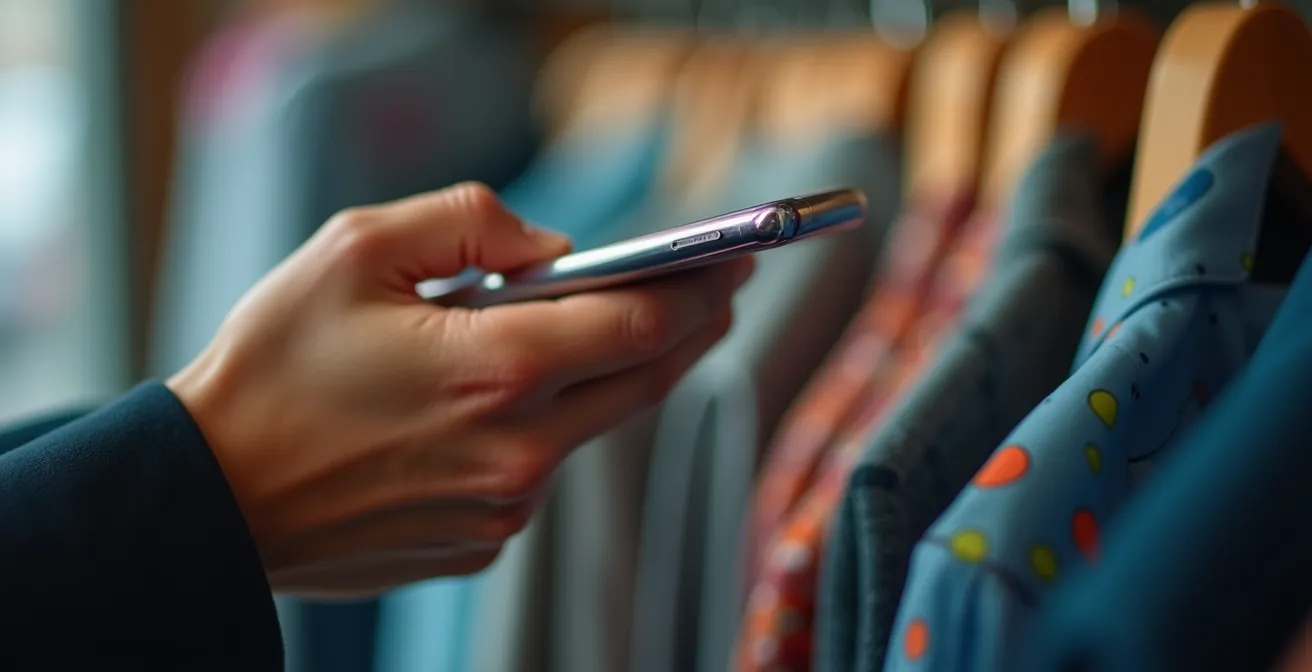 Nahaufnahme einer Hand mit Smartphone in einem Modegeschäft beim Scannen eines Etiketts zur Nachhaltigkeitsprüfung