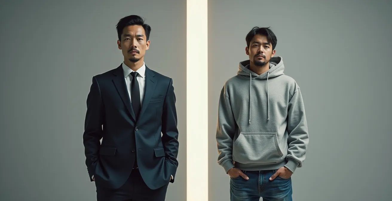 Kontrast zwischen zu förmlich und zu lässig gekleideten Männern in Deutschland