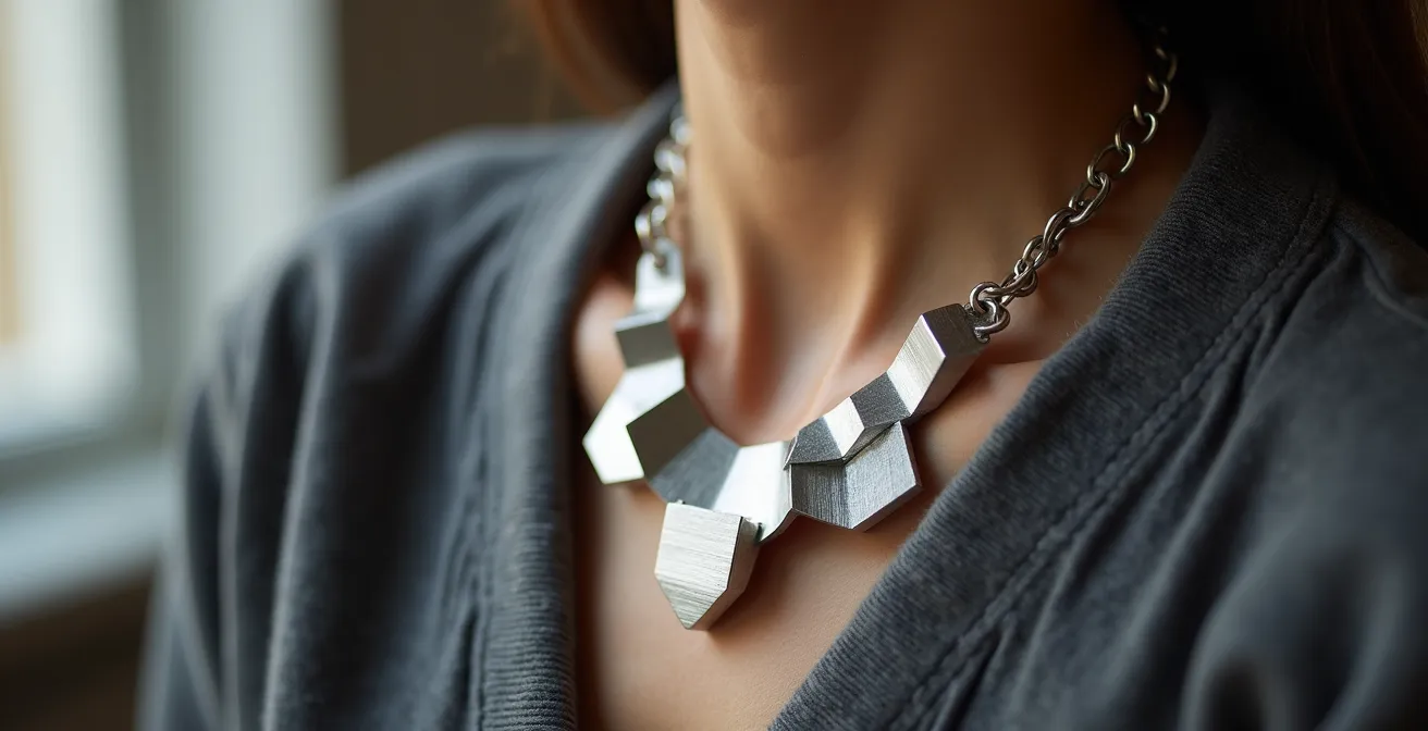 Nahaufnahme eines architektonischen Schmuckstücks eines Berliner Designers auf minimalistischem Outfit