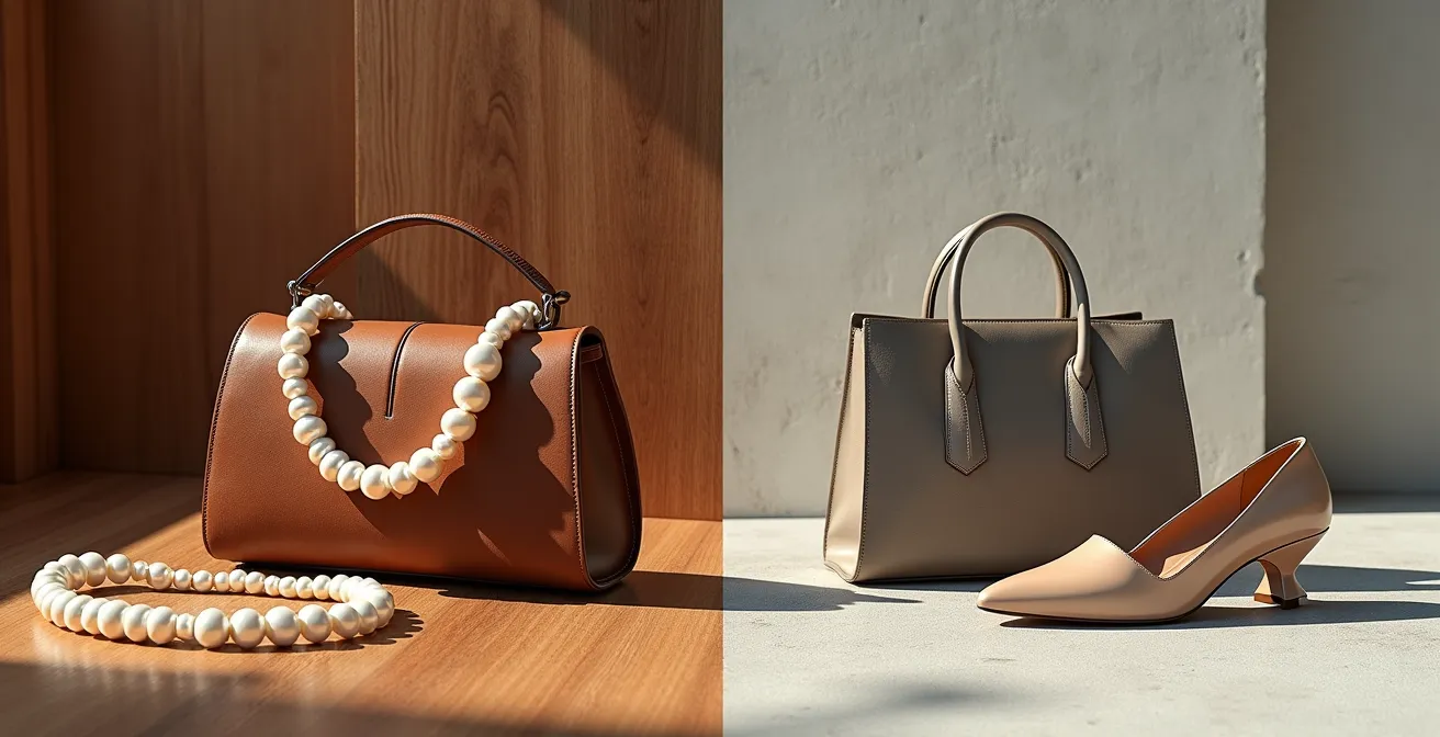 Gegenüberstellung von klassischen Stilelementen wie einer Perlenkette und modernen, minimalistischen Designerstücken.