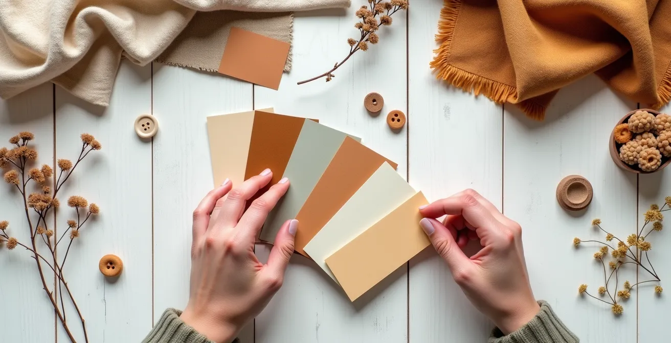 Ein kreatives Moodboard in der Entstehung, mit Stoffproben, Farbkarten und inspirierenden Bildern auf einer Arbeitsfläche.