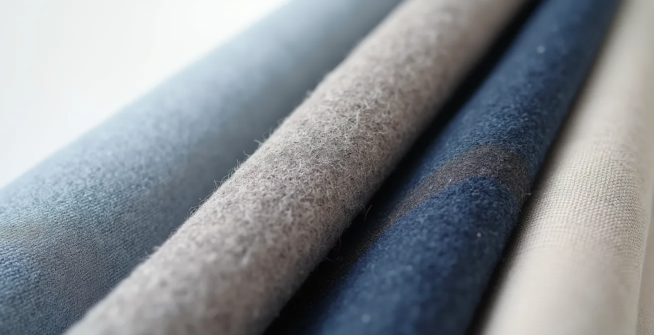 Makroaufnahme hochwertiger Businessstoffe in verschiedenen Texturen, die Qualität und Komfort andeuten