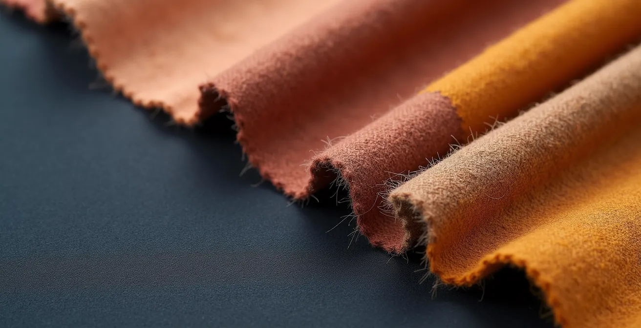 Nahaufnahme hochwertiger Schurwolle und Seide Stoffmuster, die Qualität und Seriosität im deutschen Business-Kontext symbolisieren.