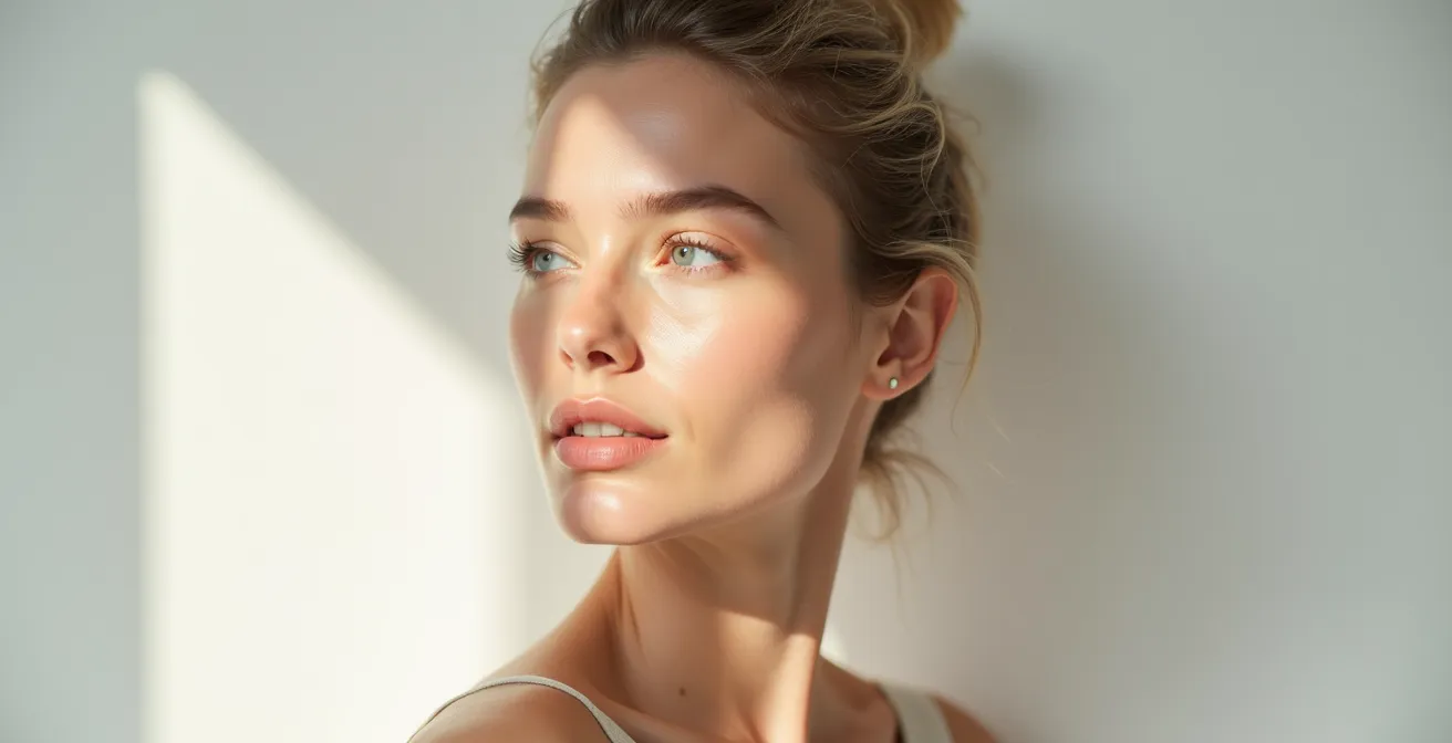 Minimalistisches Portrait zeigt präzise Highlighter-Platzierung auf Wangenknochen