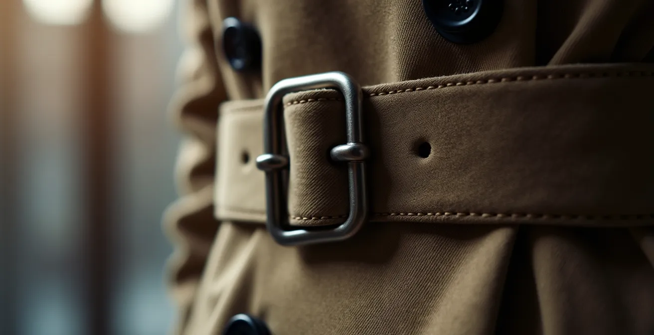 Makroaufnahme der charakteristischen Metallschnalle und des Bindegürtels eines Trenchcoats