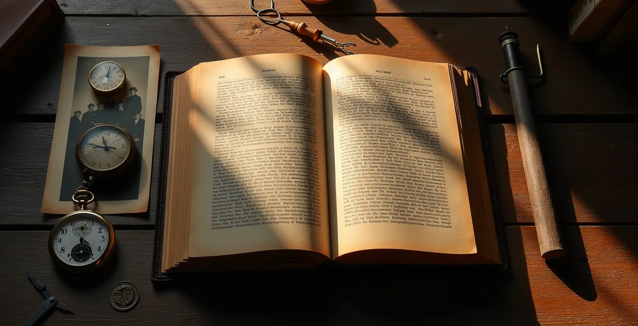 Ein antikes Ledertagebuch liegt geöffnet auf einem Eichentisch, umgeben von alten Familienfotos und Uhrmacherwerkzeugen.