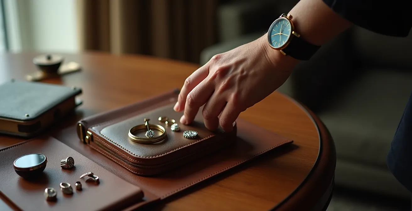 Elegante Armbanduhr neben minimalistischem Schmuck, der sorgfältig auf einem Reiseetui aus Leder arrangiert ist.
