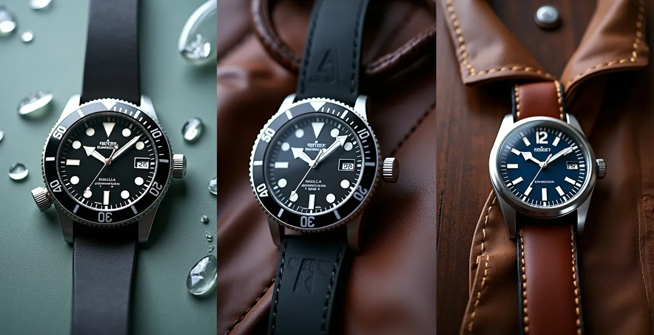 Drei verschiedene Uhrentypen nebeneinander auf unterschiedlichen Materialien arrangiert