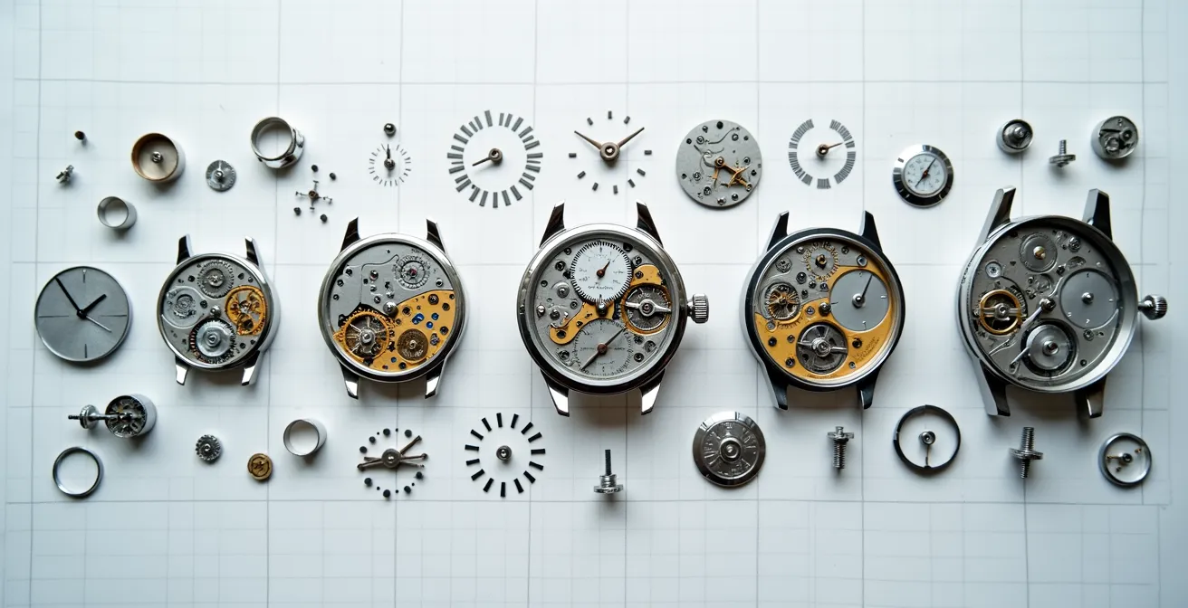 Zerlegtes Uhrwerk während der Revision auf Uhrmacher-Werkbank
