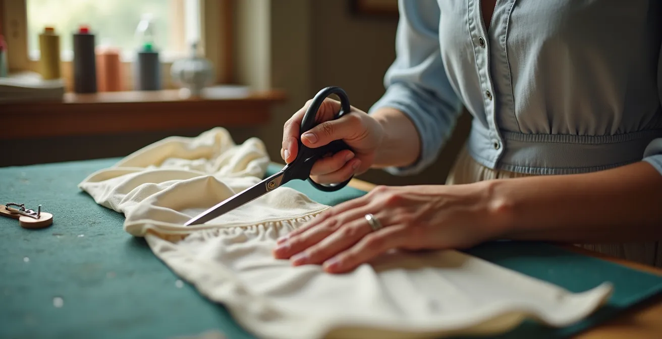 Hände arbeiten an der Modernisierung eines Vintage-Kleidungsstücks