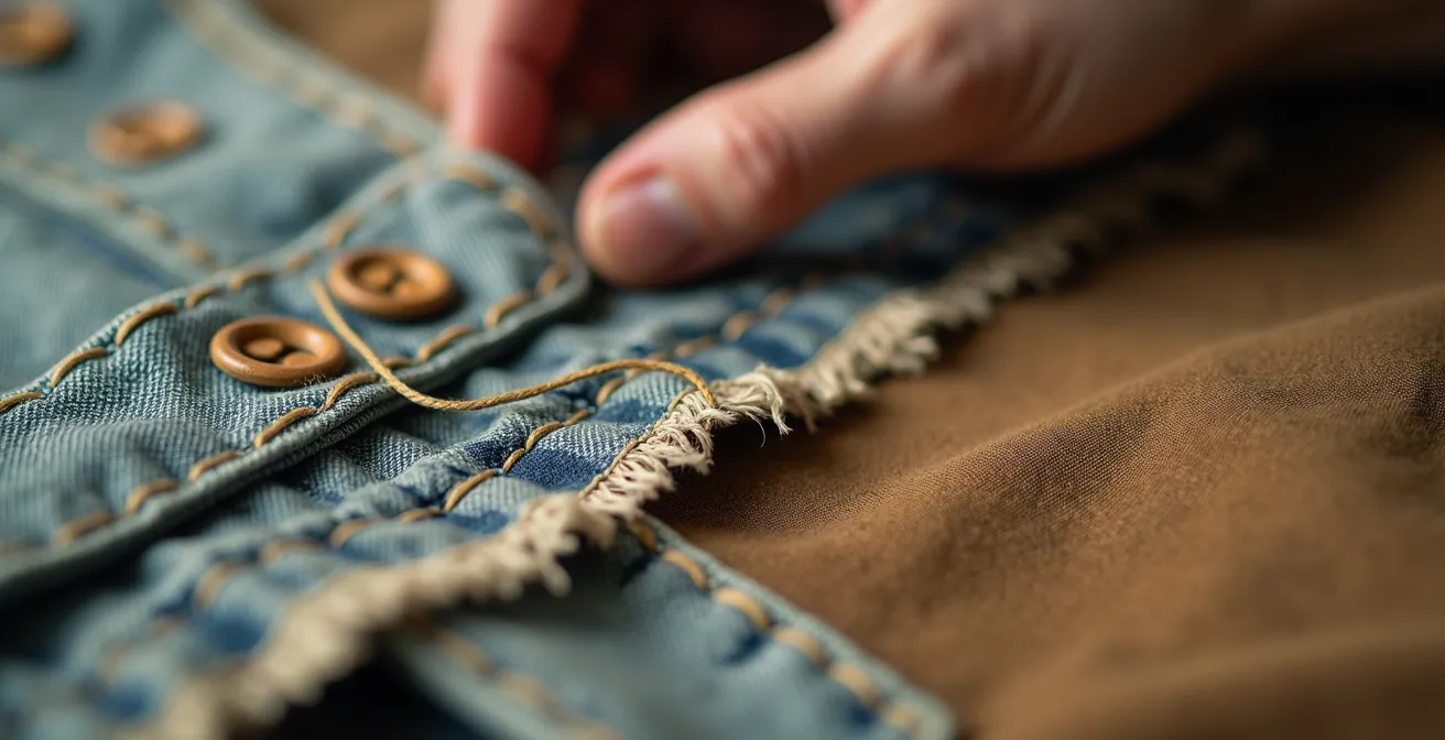 Nahaufnahme von handgefertigten Details an einem Vintage-Kleidungsstück mit sichtbaren Nähten und natürlichen Materialien