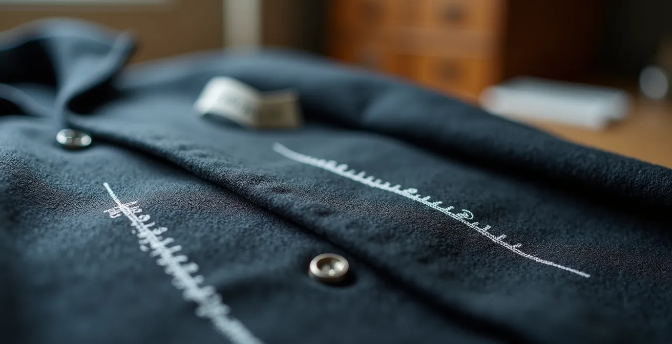 Detailaufnahme eines hochwertigen Wollmantels mit Kreidemarkierungen eines Schneiders, die das Änderungspotenzial visualisieren.