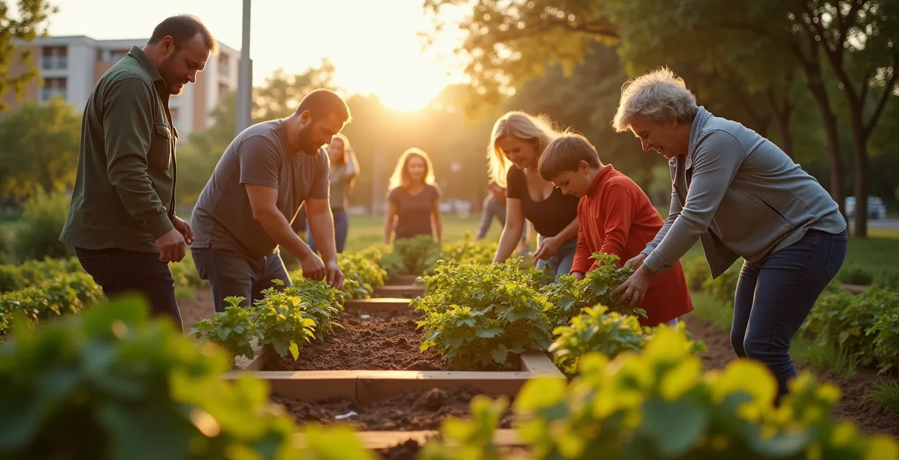 Menschen verschiedener Generationen arbeiten gemeinsam in einem Gemeinschaftsgarten und teilen so Zeit und Fähigkeiten als wertvolles Geschenk.