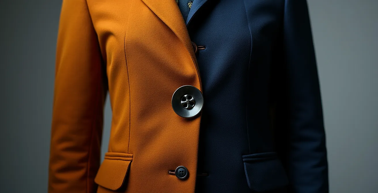 Vergleich zwischen klassischen und trendigen Modedetails, links eine Nahaufnahme von hochwertigem Wollstoff und einem Hornknopf, rechts synthetischer Stoff mit einem grellen, modischen Detail.