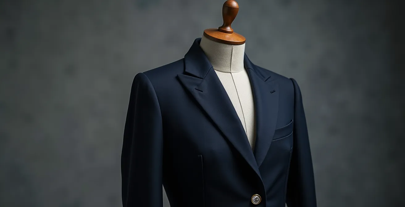 Stilvolle Detailaufnahme eines klassischen Blazers mit besonderen Knöpfen