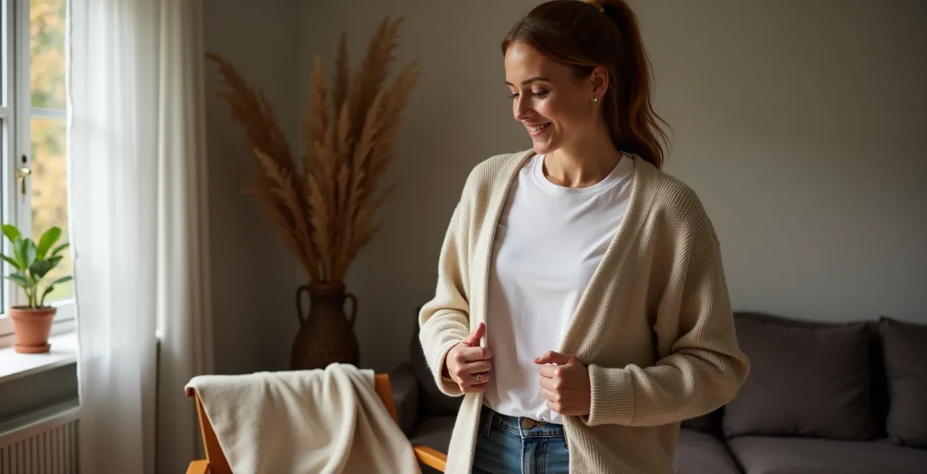 Eine Frau demonstriert das Layering-Prinzip mit einer Strickjacke über einem T-Shirt in einer gemütlichen Wohnung